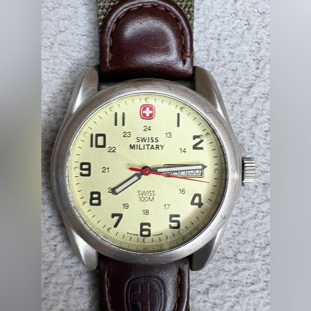 Swiss Military Watch Cream Dial Day Date Canvas Leather Strap 100M